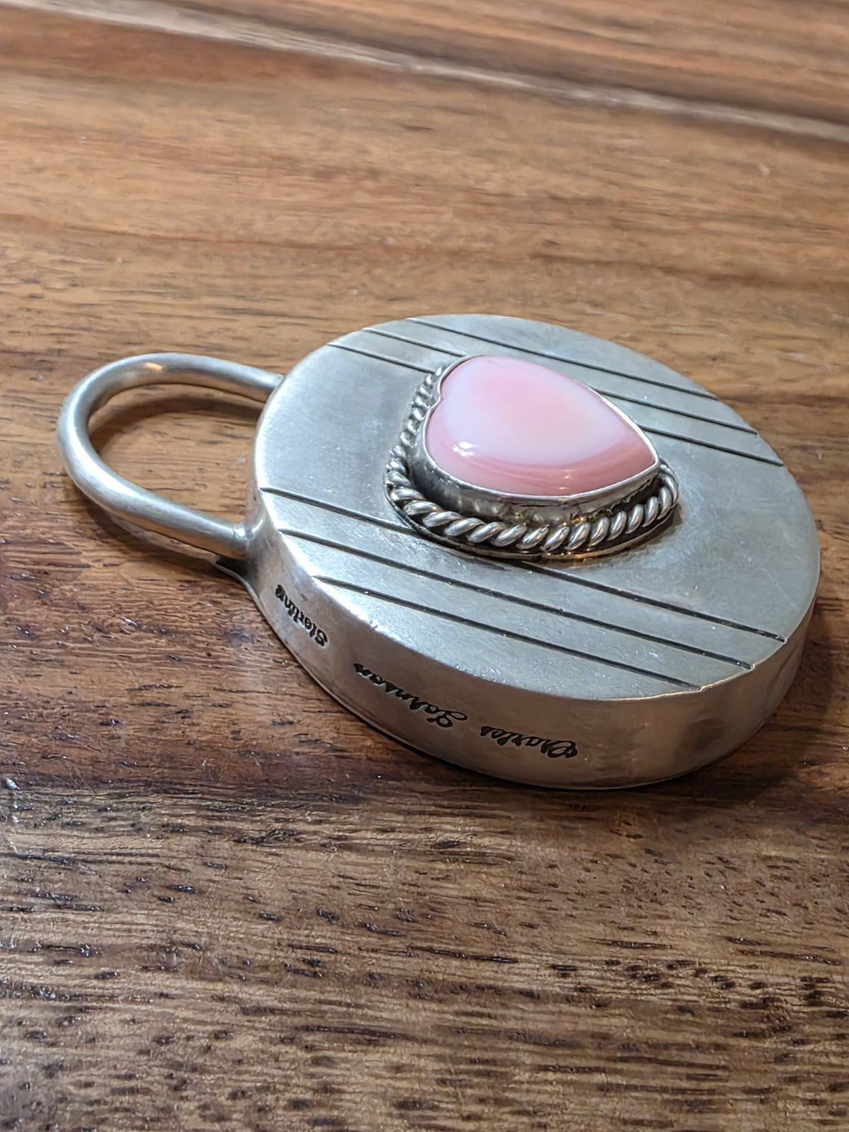Handcrafted Charles Johnson Sterling Silver Pink Conch Heart Padlock Style Pendant