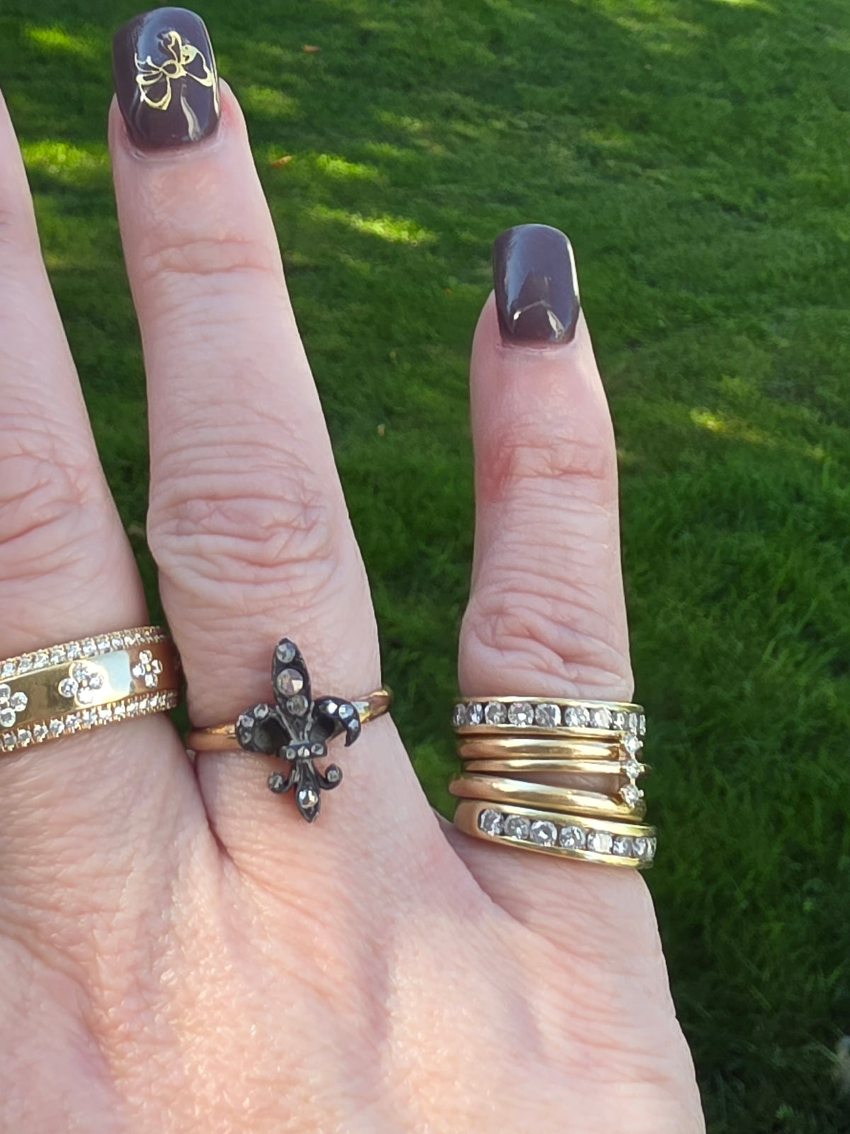 Antique 14K Gold & Silver Fleur-de-Lis Ring with Rose Cut Diamonds, Size 7