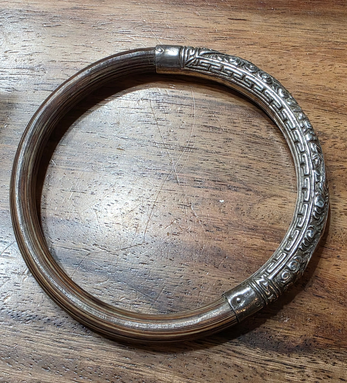 Vintage Chinese Export Sterling Silver & Bamboo Rattan Phoenix Bangle Bracelet