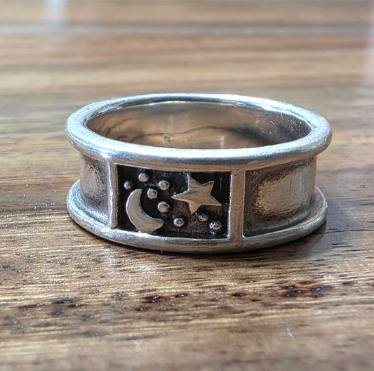 Celestial Sterling Silver Band Ring, Moon & Stars