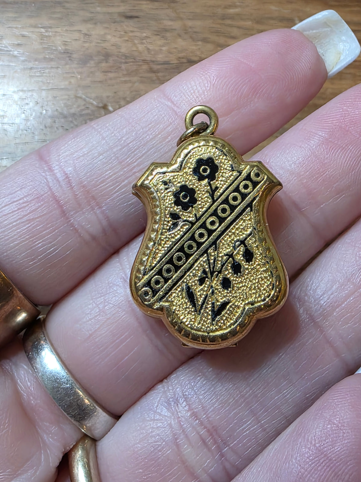 Antique Victorian 1880s Gold Filled Shield Locket Black Enamel Floral Design