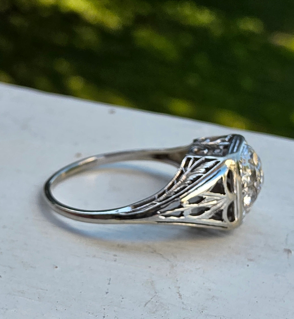 Art Deco 18k White Gold Ornate Filigree Mine Cut Diamond Cluster Ring