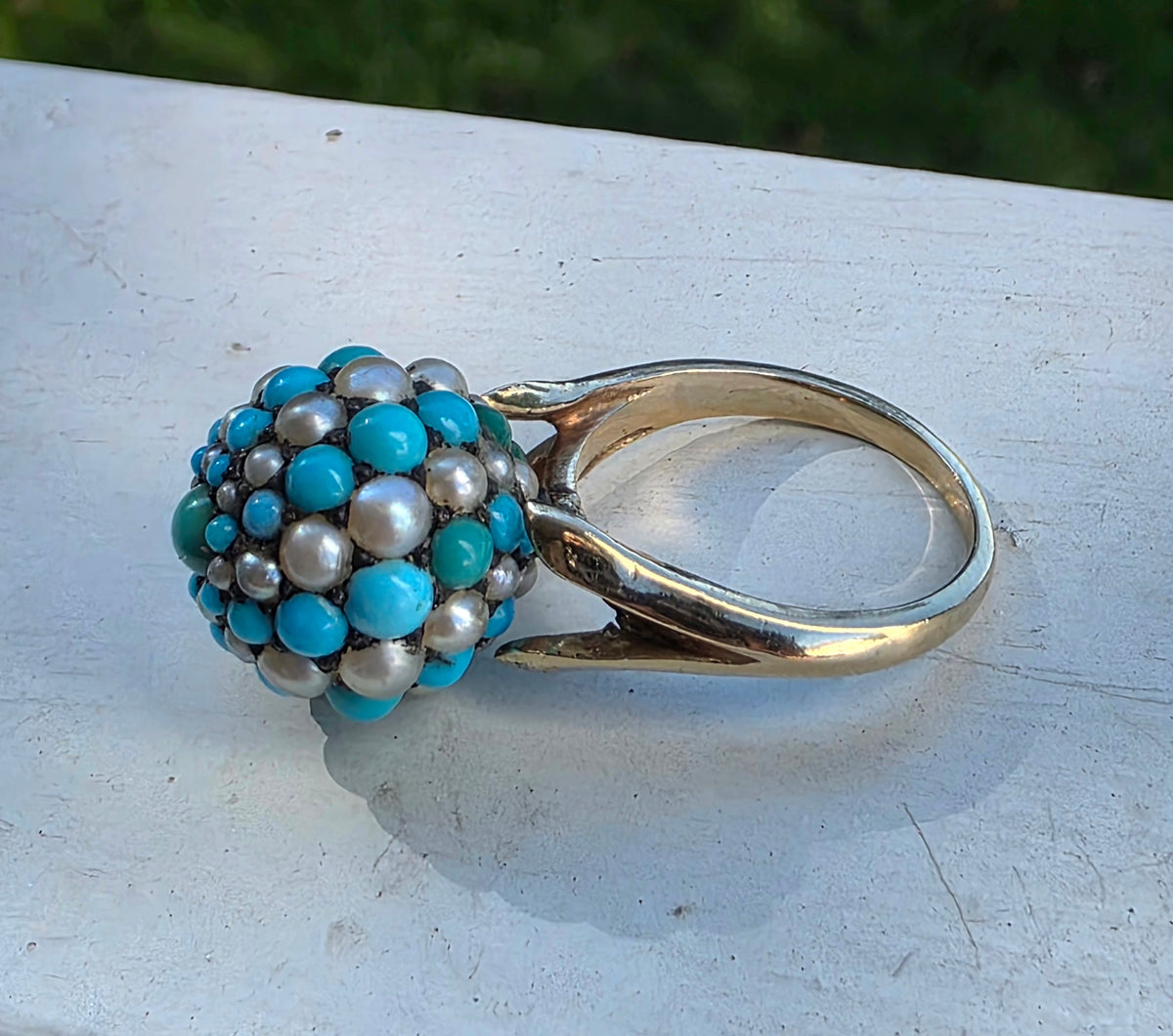 Vintage 14K Yellow Gold Falconi Signed Turquoise Pearl Basket Dome Cluster Ring