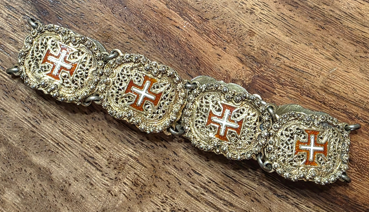 Antique Portuguese .833 Silver Vermeil Filigree Bracelet Order of Christ Enamel