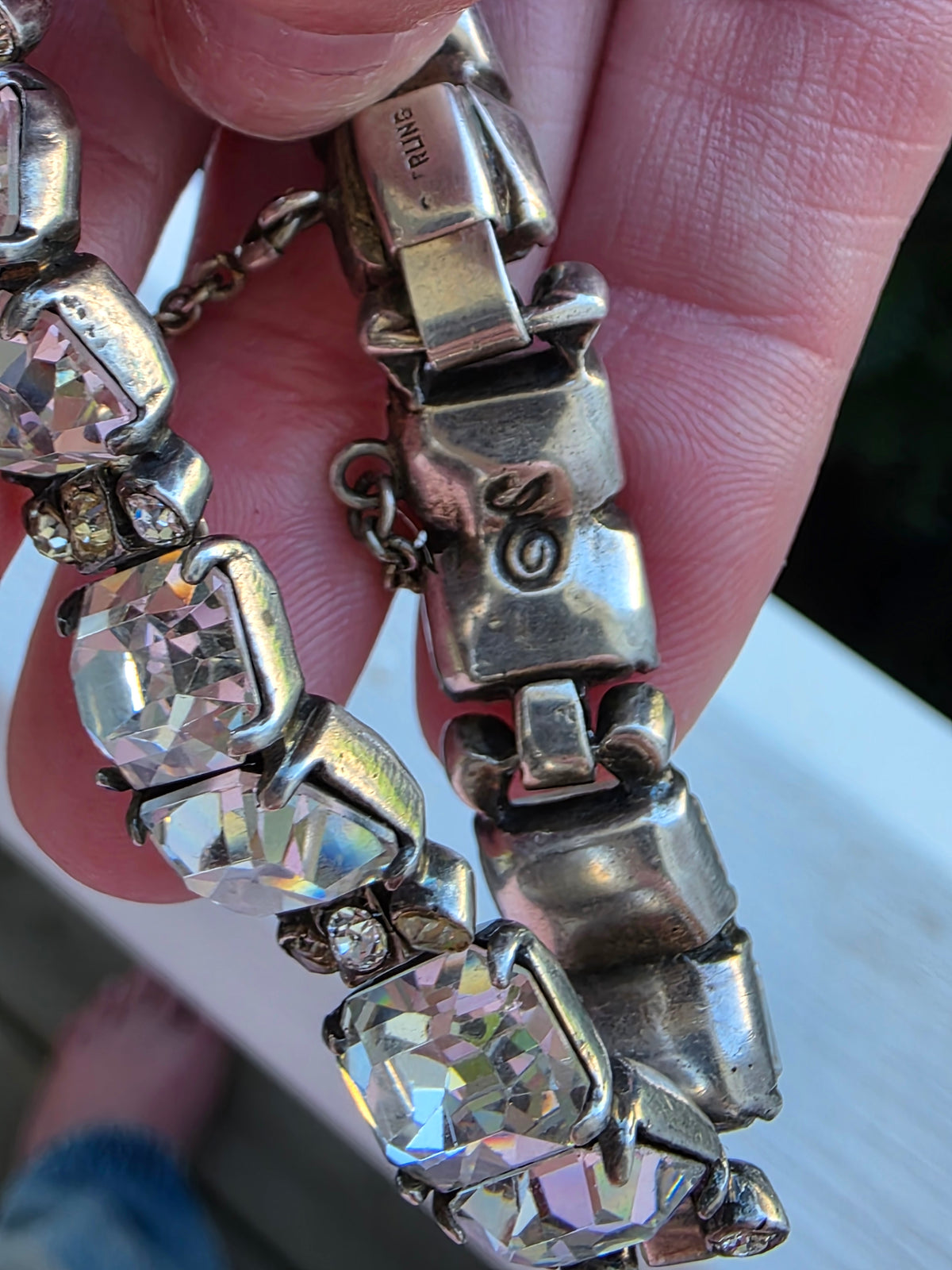 Vtg 1940s Eisenberg Original Sterling Silver Emerald Cut Rhinestone Bracelet