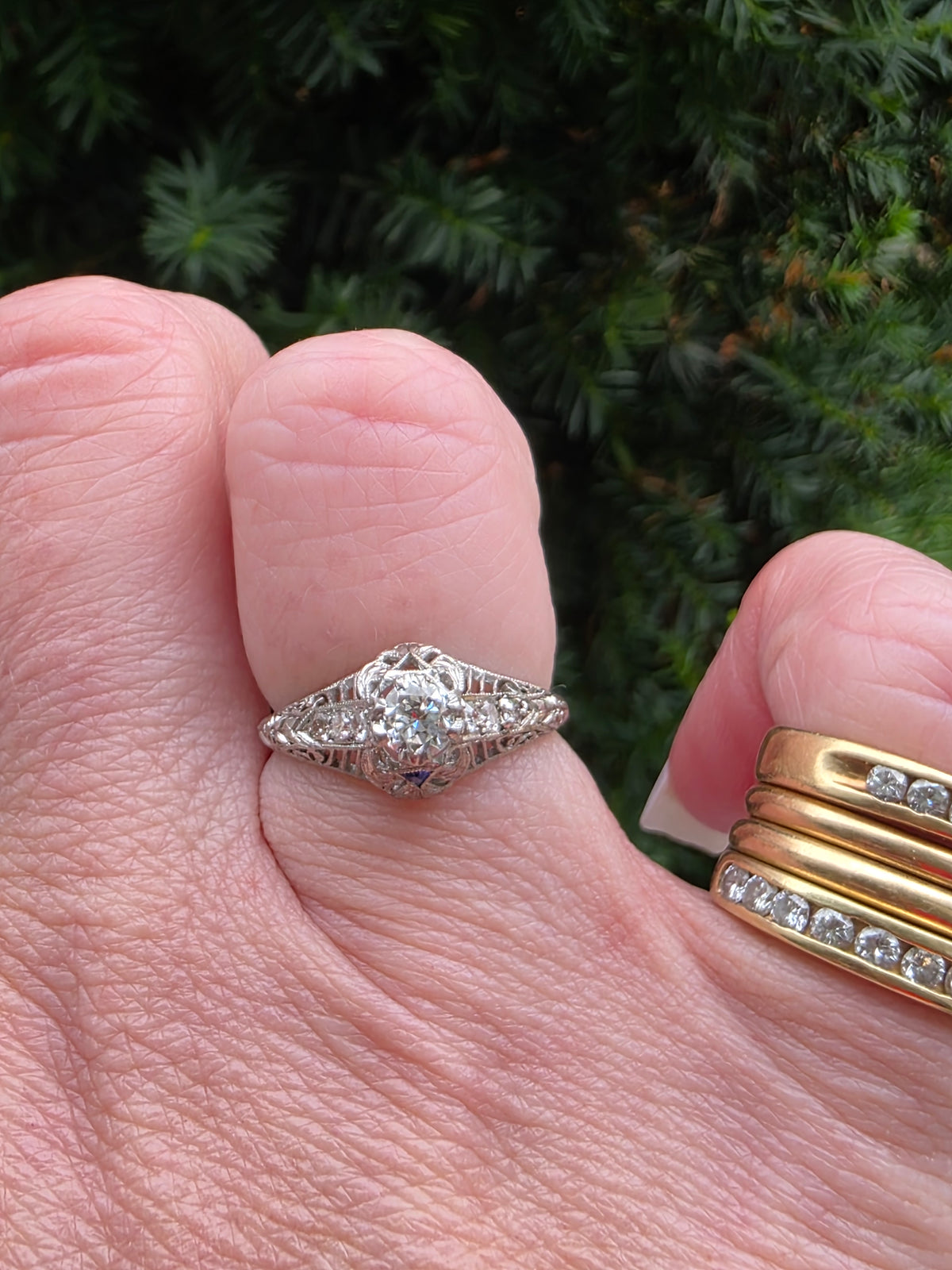 Art Deco Platinum OEC Diamond Filigree Ring