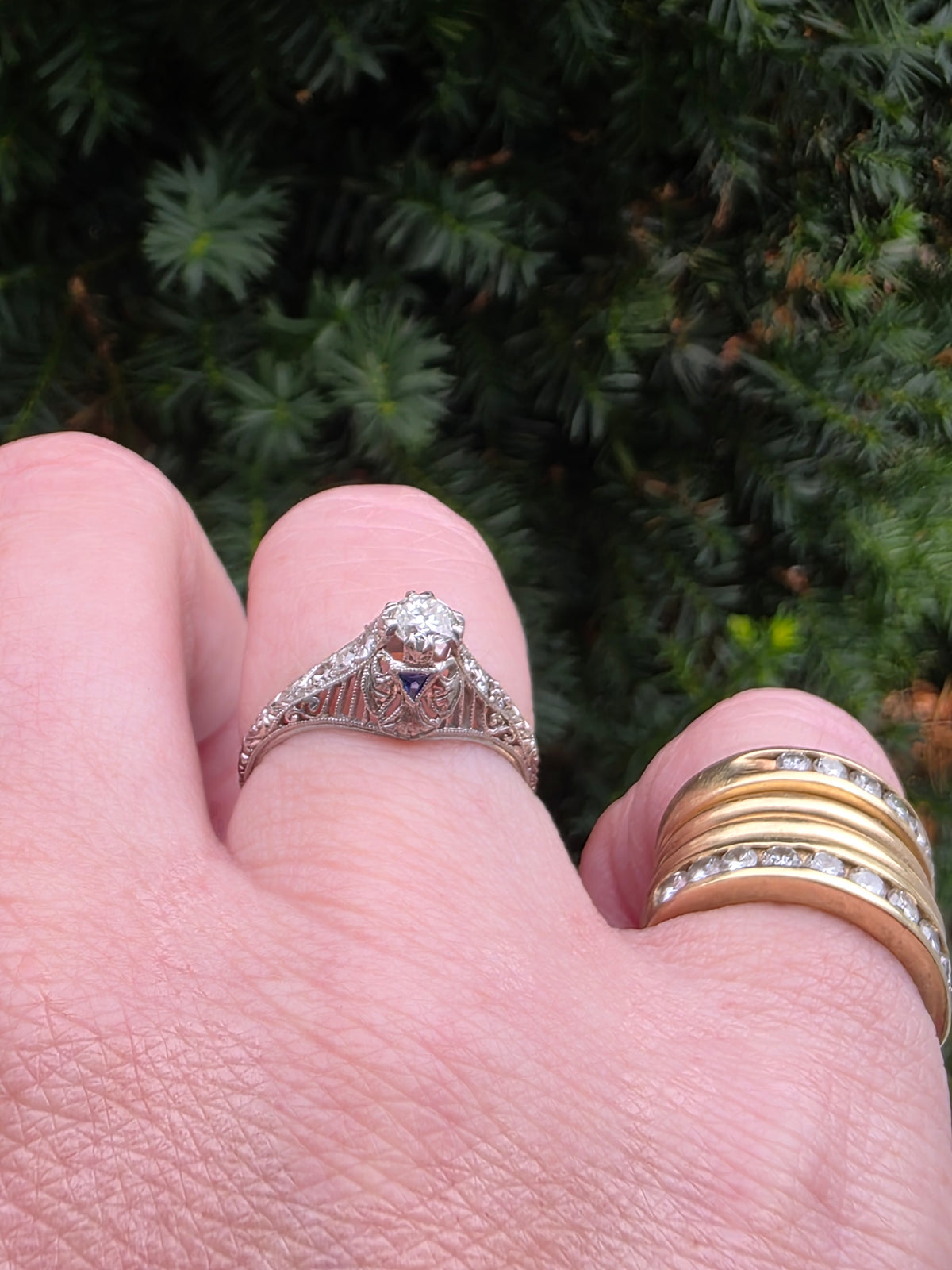 Art Deco Platinum OEC Diamond Filigree Ring