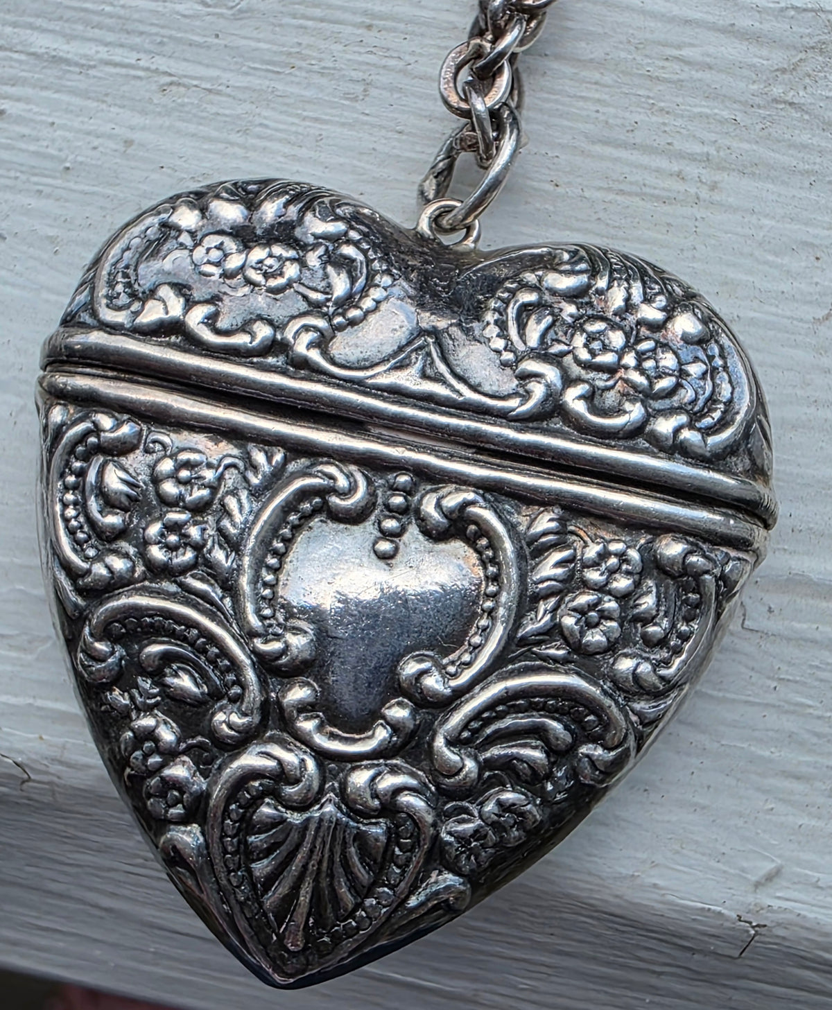 Antique Sterling Silver Repousse Heart Vesta Pendant Necklace