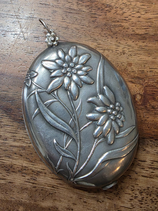 Antique French Art Nouveau Edelweiss Silver Sliding Pocket Mirror Pendant