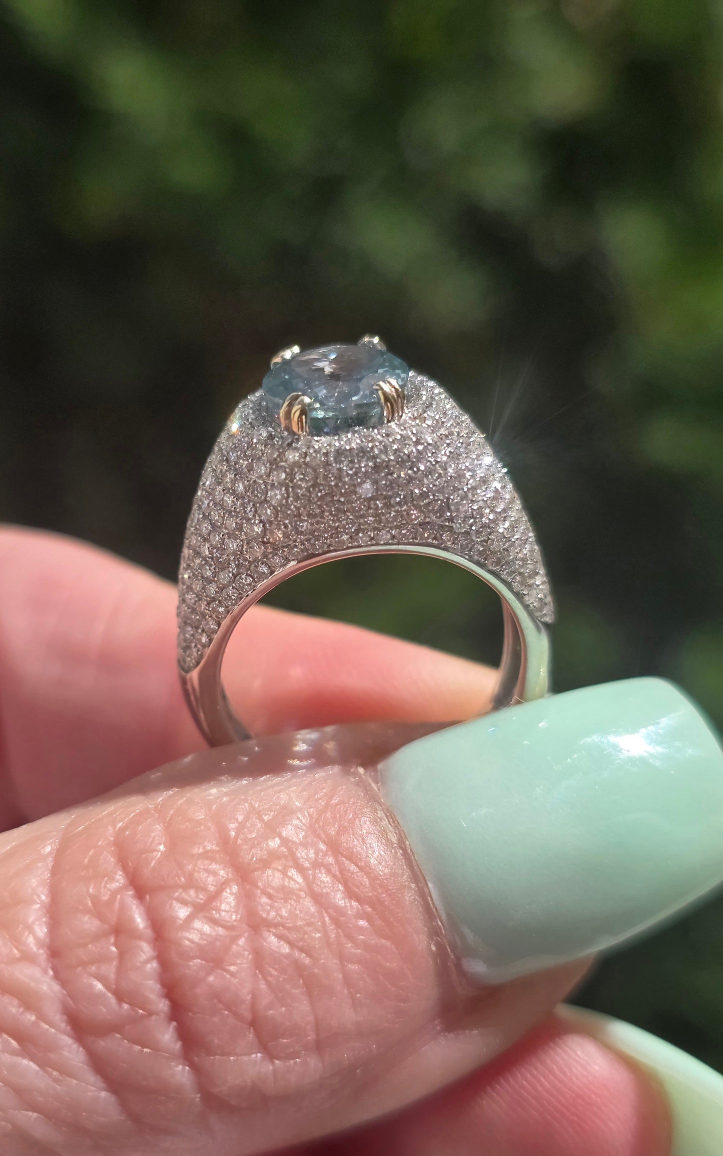 18k Aquamarine & Pave Set Diamond Bombe Ring