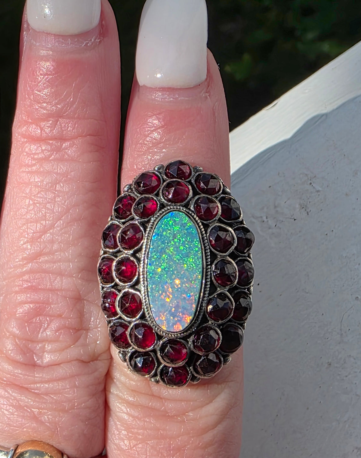 Antique Sterling Silver Bohemian Garnet & Black Opal Ring