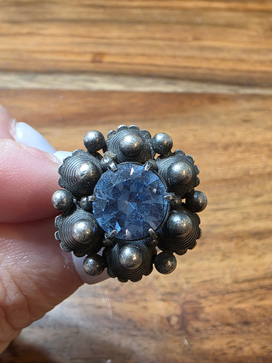 Vintage 925 Sterling Blue Topaz Flower Dome Cocktail Ring Tribal Modernist