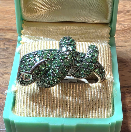 Estate 18k White Gold Tsavorite Garnet Coiled Snake Ring