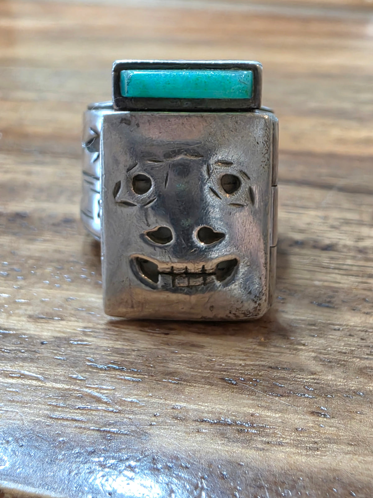 Native American Inuit Denise Wallace Vintage Sterling Silver Hinged "Seal Hunt" Mask Ring