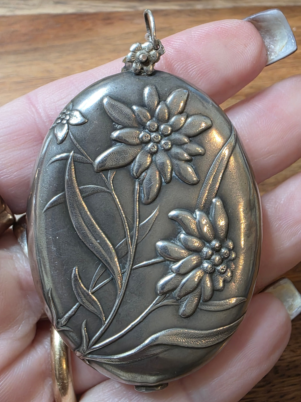Antique French Art Nouveau Edelweiss Silver Sliding Pocket Mirror Pendant
