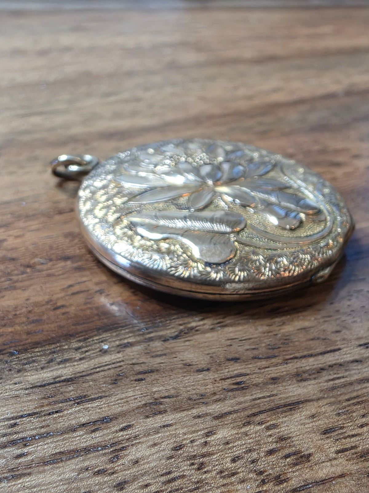 Antique Art Nouveau Gold Filled Repousse Locket Pendant Water Lily Flower c1900