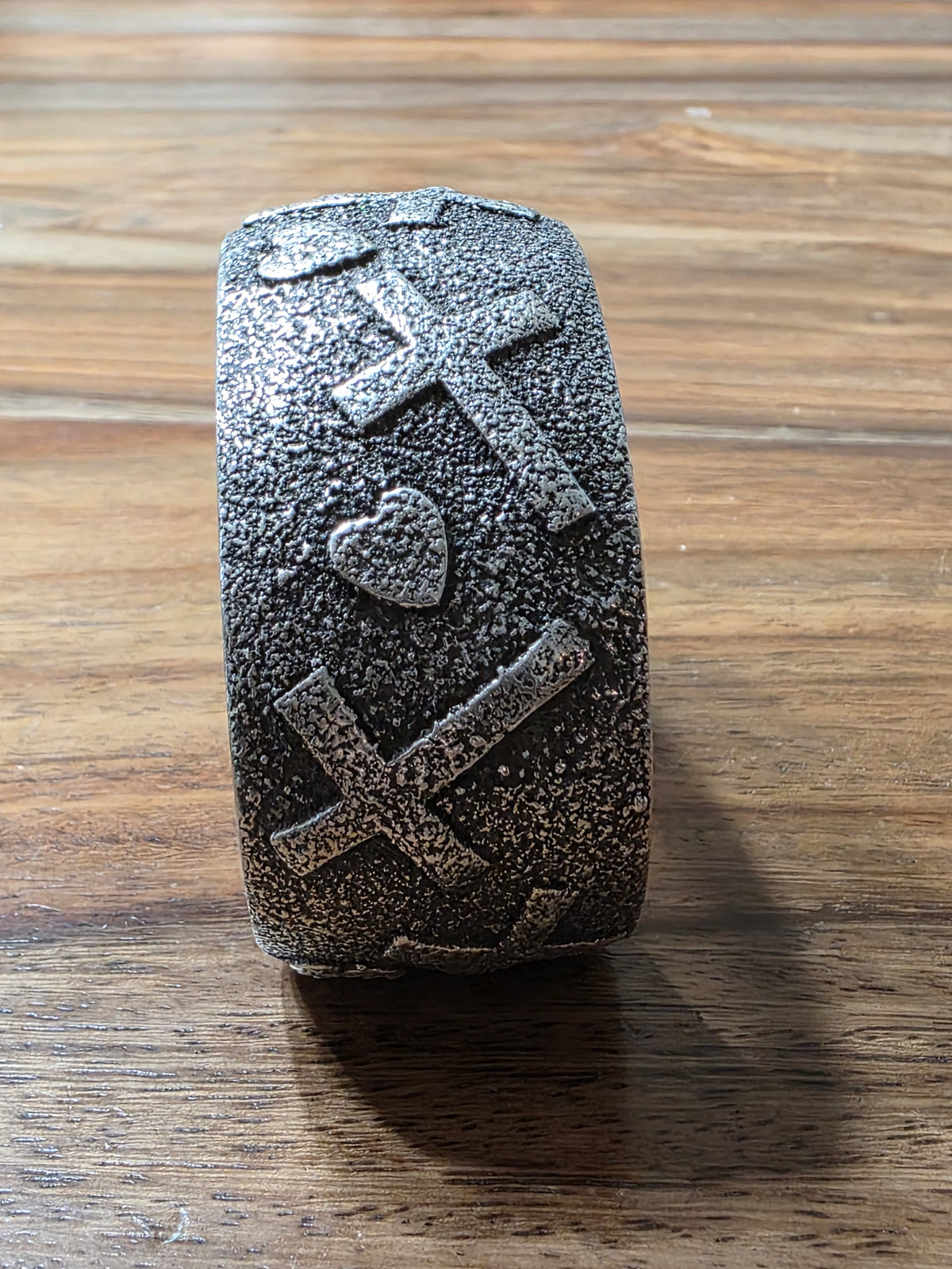 Navajo Tufa-Cast Sterling Silver Cross & Heart Cuff Bracelet, Henry Yazzie, 69g