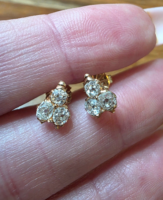 Antique Mine Cut Diamond Cluster Earrings, 12k Gold