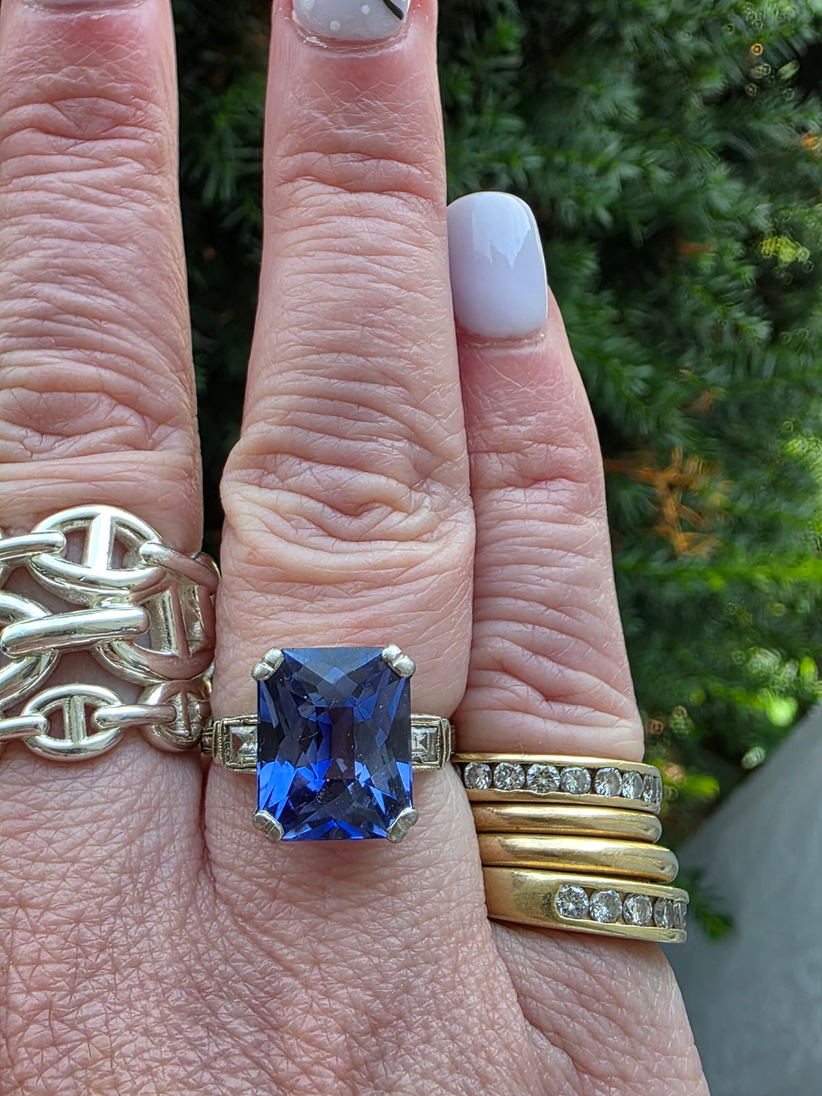 Vintage 14k White Gold Synthetic Sapphire & White Topaz Ring