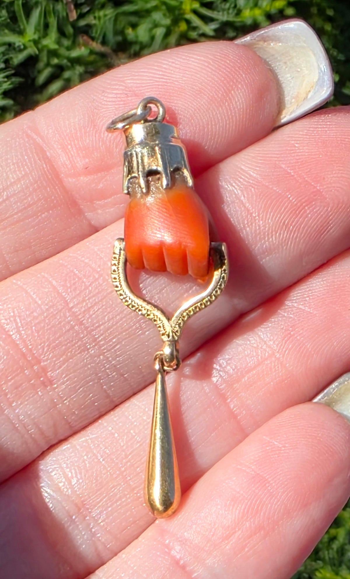 Antique Victorian 14K Gold Carved Coral Figa Fist Pendant Charm Talisman