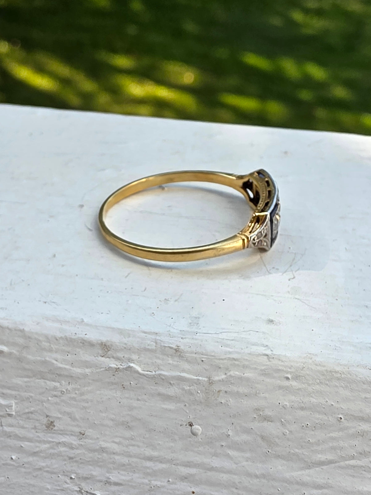 Antique Art Deco 18K Gold & Platinum Diamond and Synthetic Sapphire Panel Ring