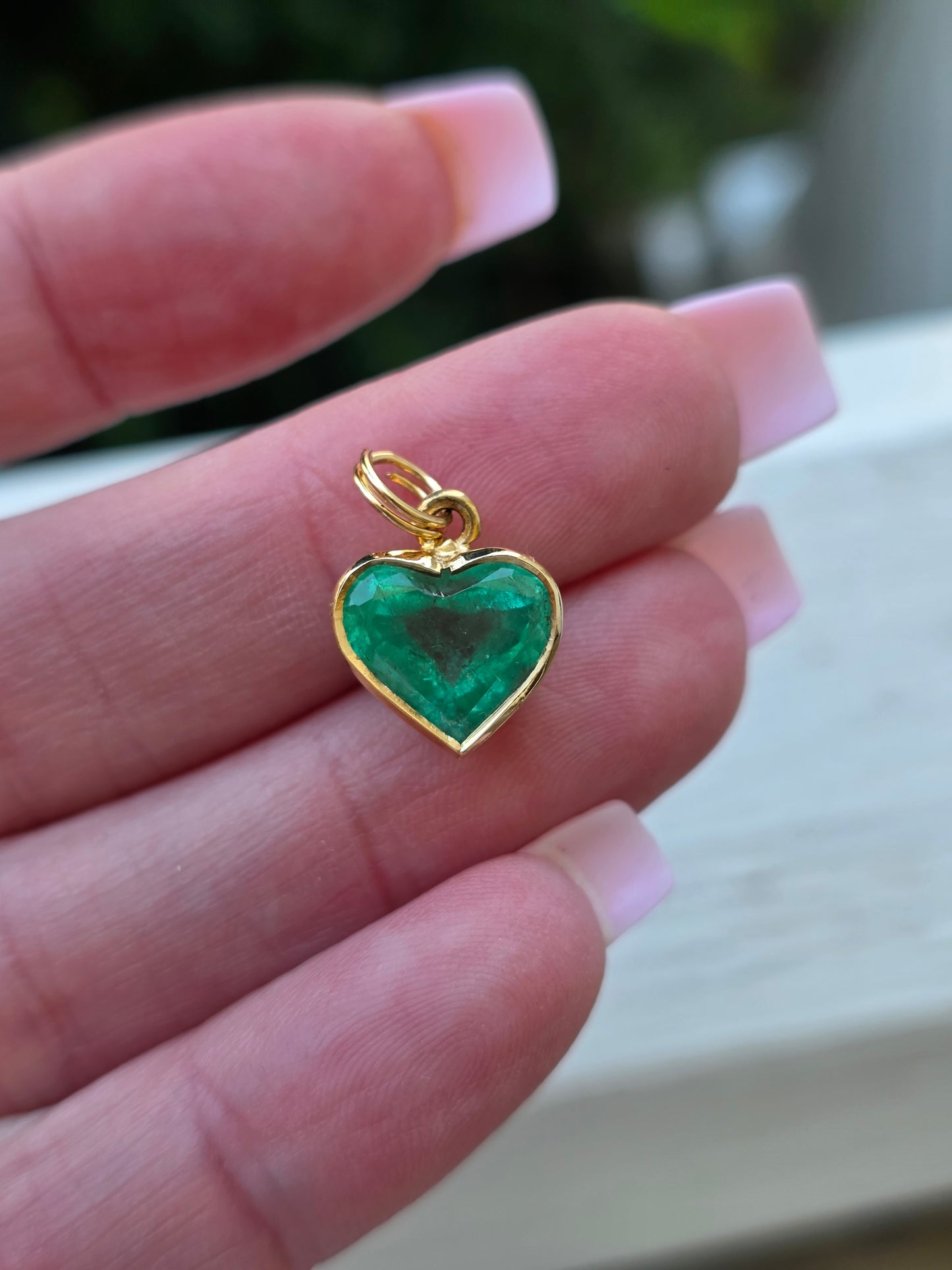 Columbian Emerald Bezel Heart Pendant, 14k