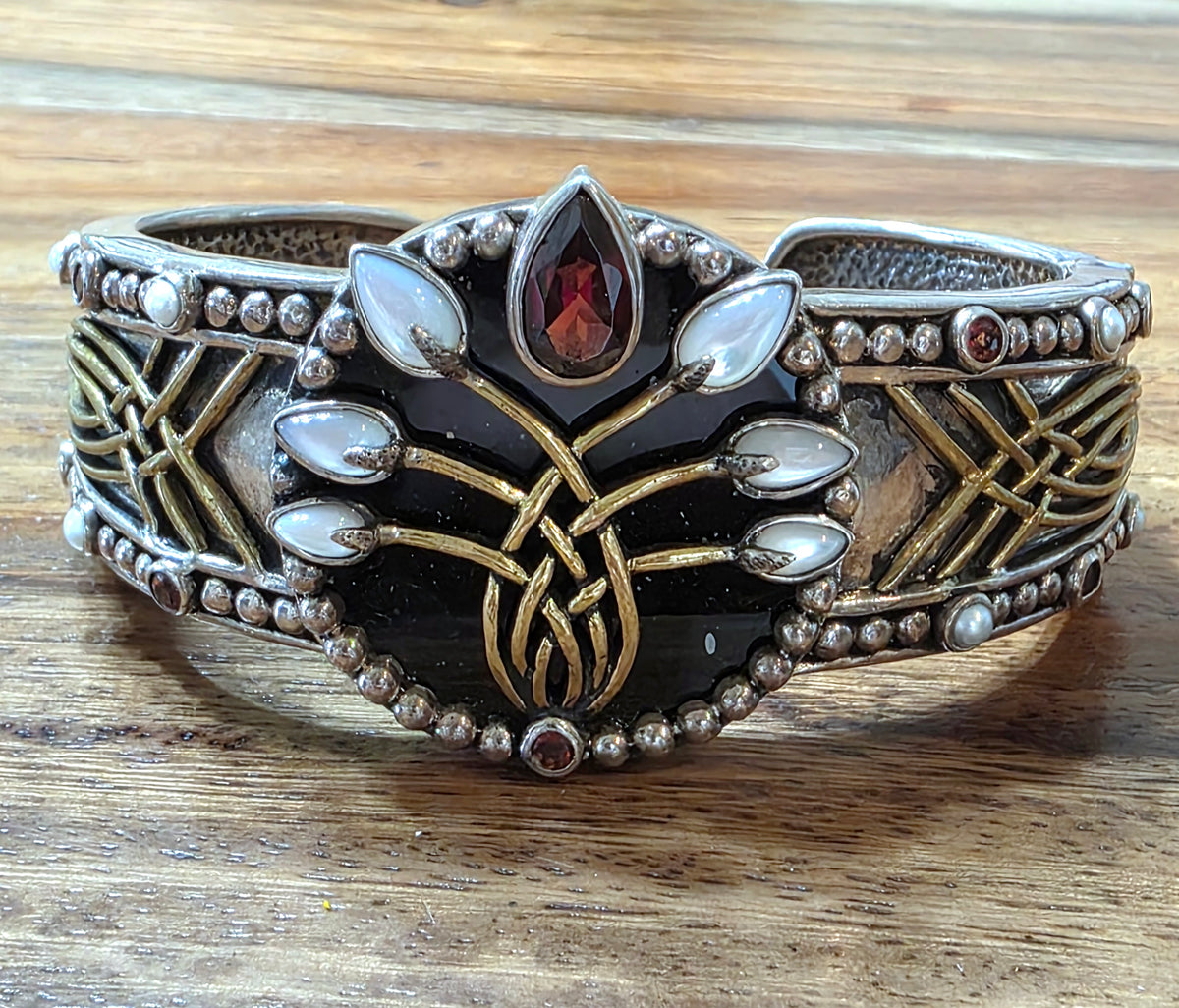 Echo of the Dreamer Sterling Silver Bronze Onyx Garnet Lily Cuff Bracelet