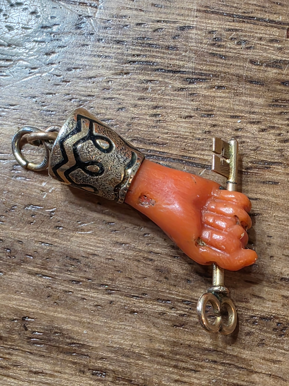 Antique 14k & 10k Carved Coral Hand Pendant Charm