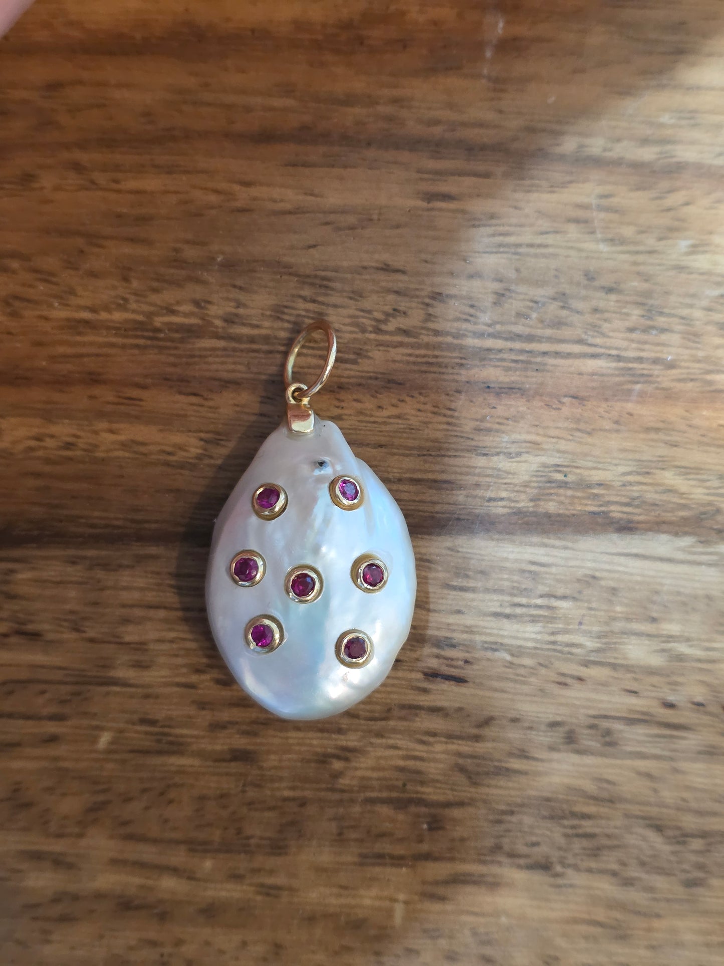 Unique 14k Gold Ruby & Pearl Pendant