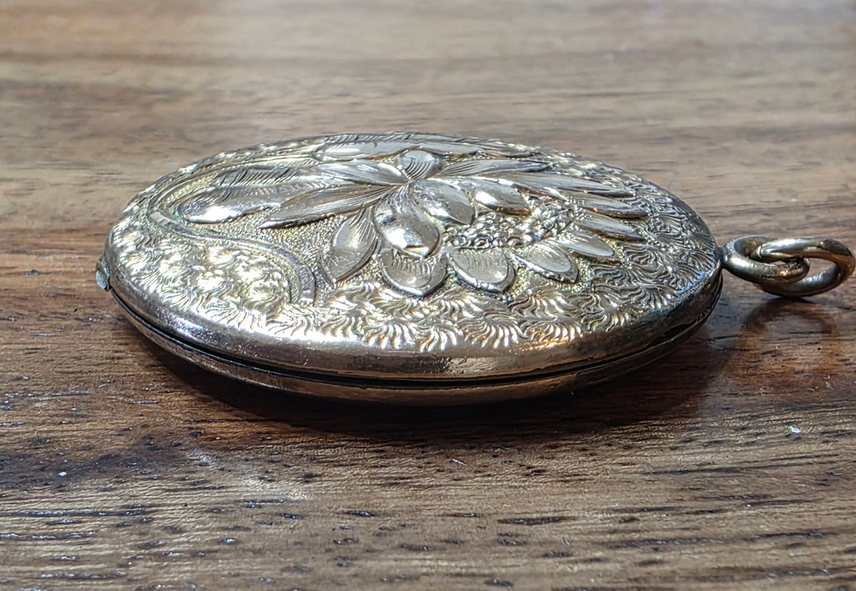 Antique Art Nouveau Gold Filled Repousse Locket Pendant Water Lily Flower c1900