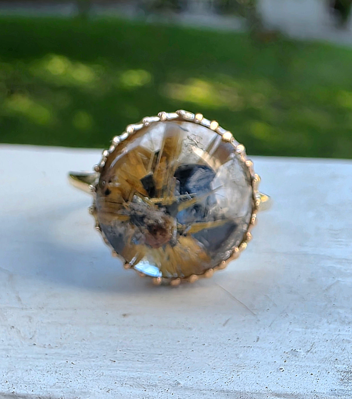 14K Gold Star Rutilated Quartz Cabochon Ring – Antique Style Beaded Statement