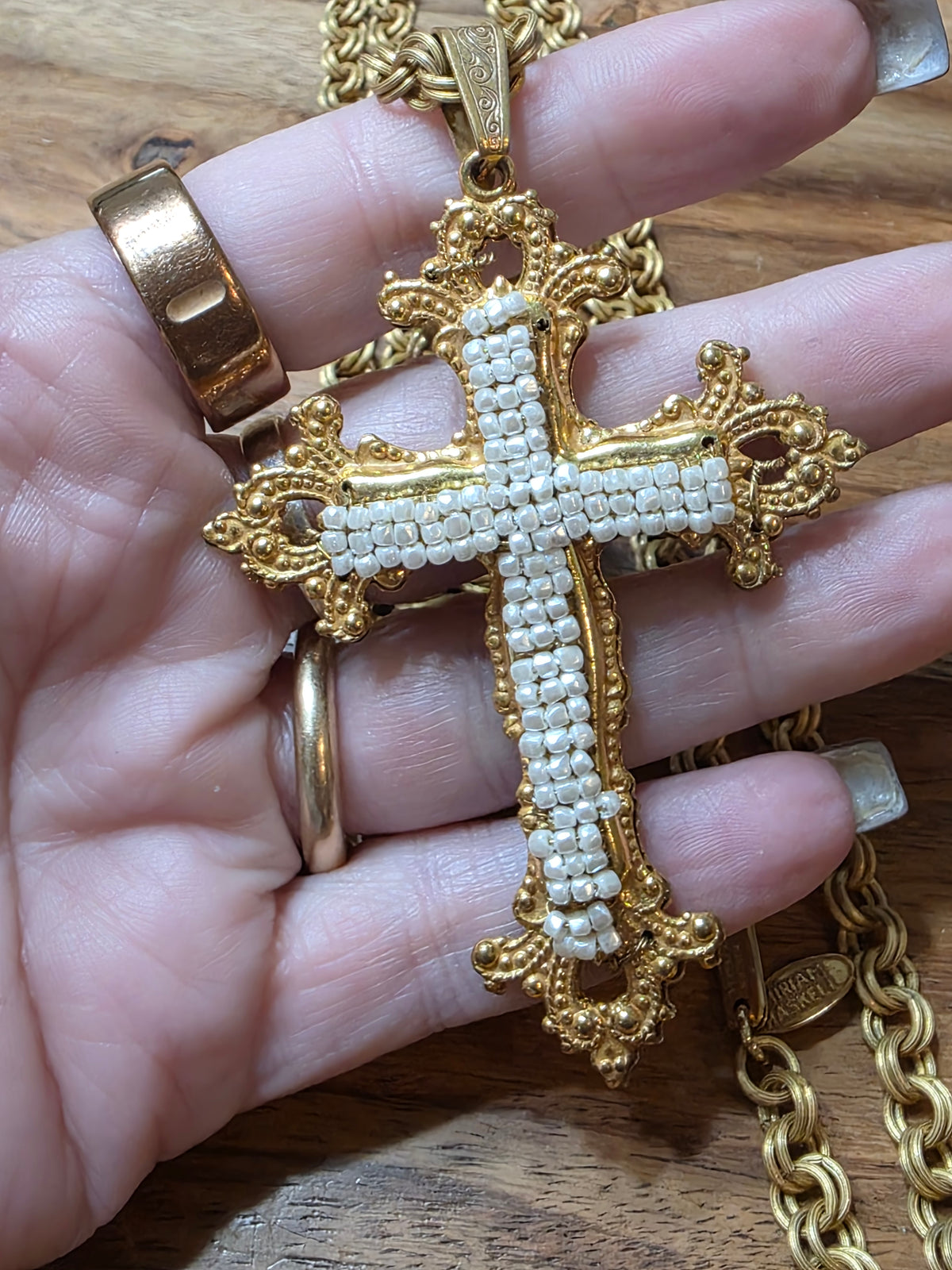 Vintage Miriam Haskell Baroque Cross Pendant Necklace Russian Gold Faux Pearls