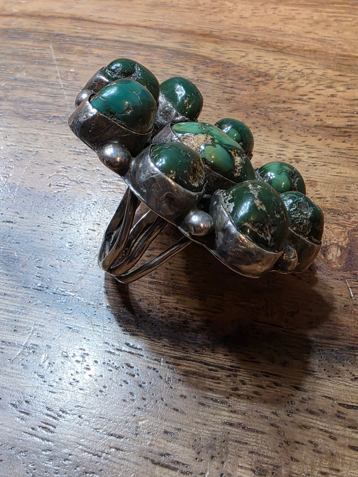 Vintage Old Pawn Navajo Sterling Silver & Green Turquoise Cluster Ring Size 8.25