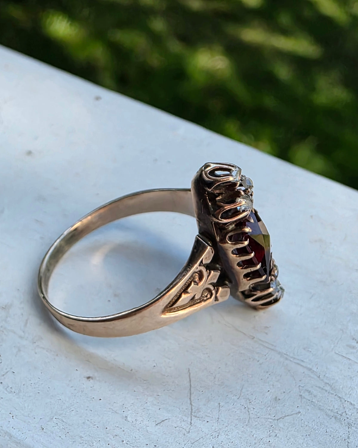 Antique Victorian 8K Gold Bohemian Garnet Rose Cut Diamond Ring, Size 7