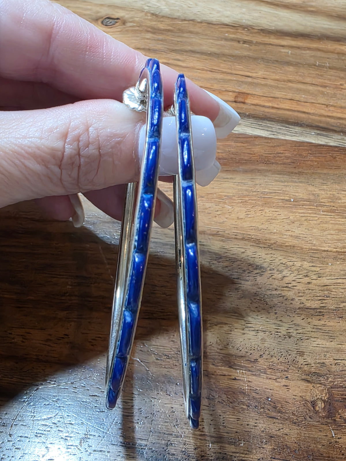 Large Federico Jimenez Sterling Silver Blue Lapis Lazuli Hoop Earrings 2 7/8"