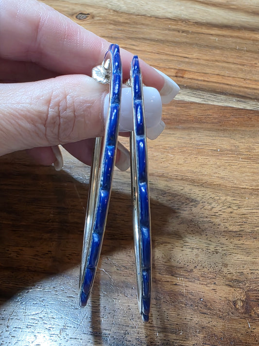 Large Federico Jimenez Sterling Silver Blue Lapis Lazuli Hoop Earrings 2 7/8"