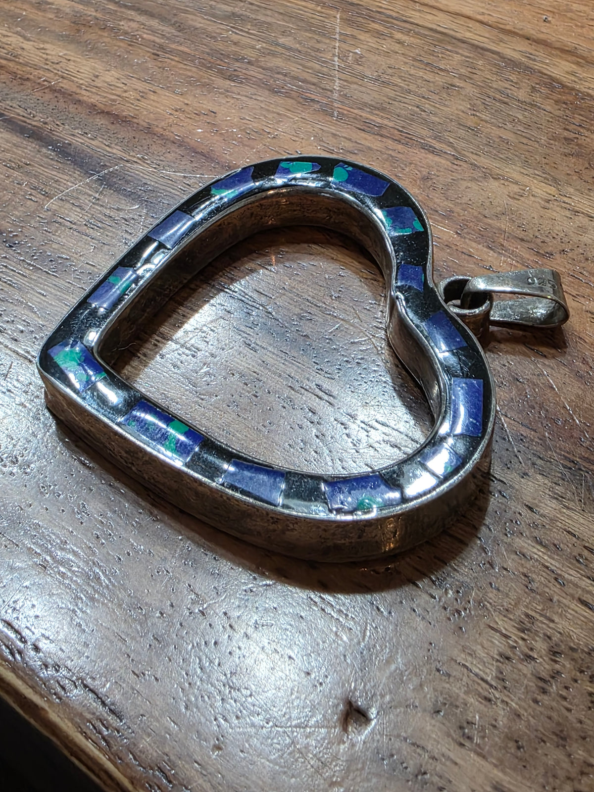 Vintage Sterling Silver Azurite Malachite Enamel Heart Pendant Mexico