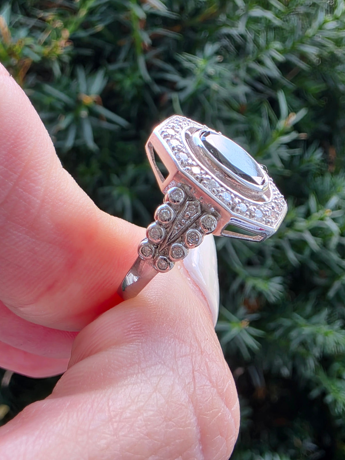 Estate 14k Oval Cut Black Diamond Halo Ring
