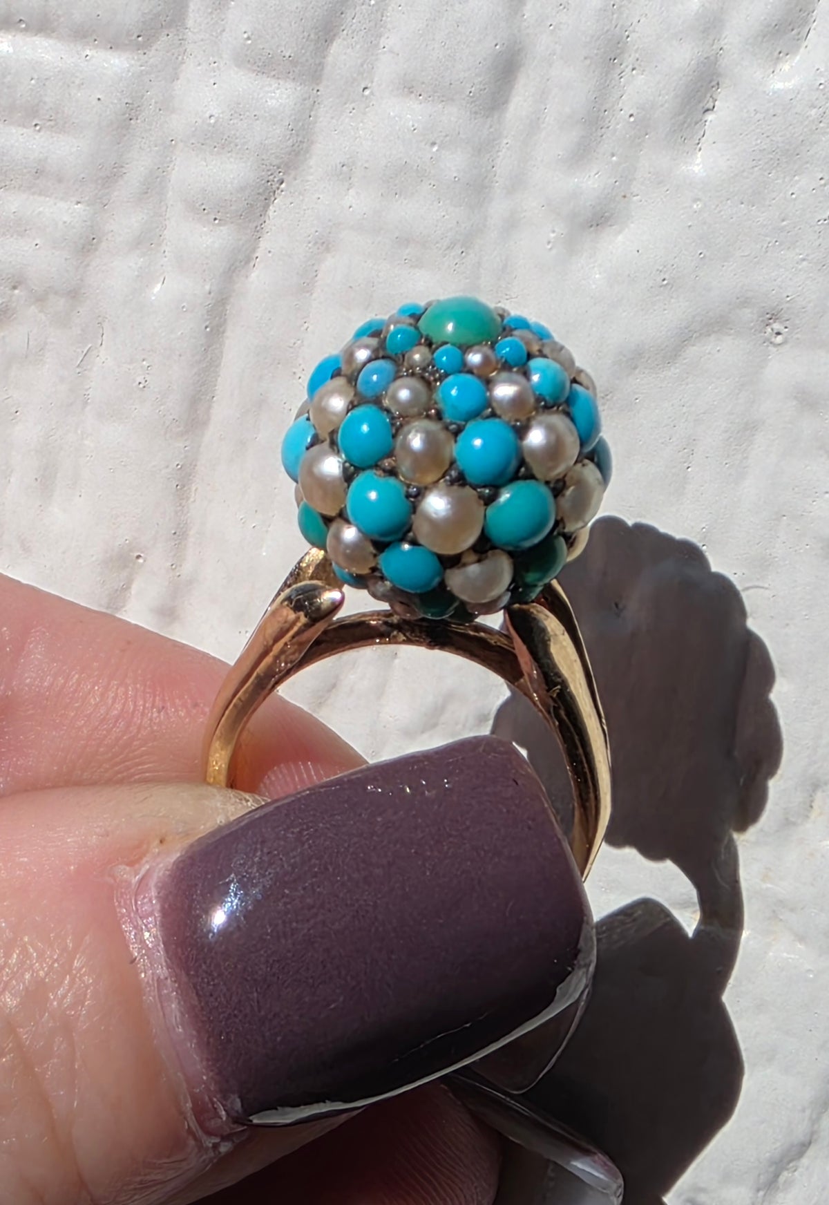 Vintage 14K Yellow Gold Falconi Signed Turquoise Pearl Basket Dome Cluster Ring