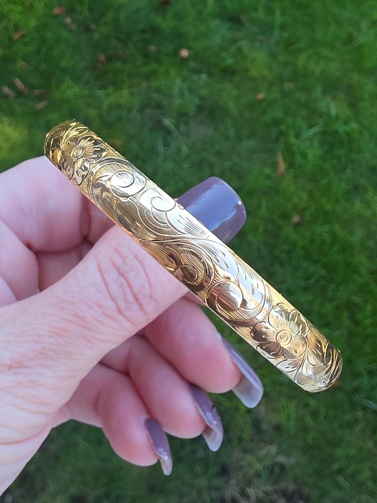 Victorian 1/10 Gold Filled Hinged Bangle Bracelet, Floral Design by A.A. Greene