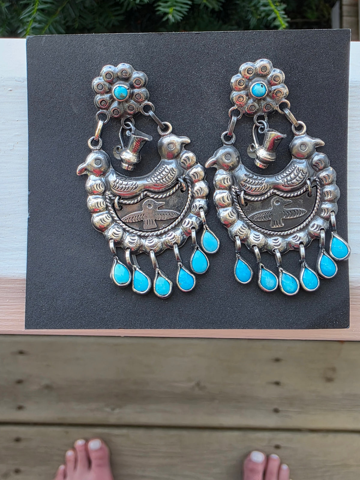 Federico Jimenez Oaxaca Sterling Silver Turquoise Thunderbird Earrings