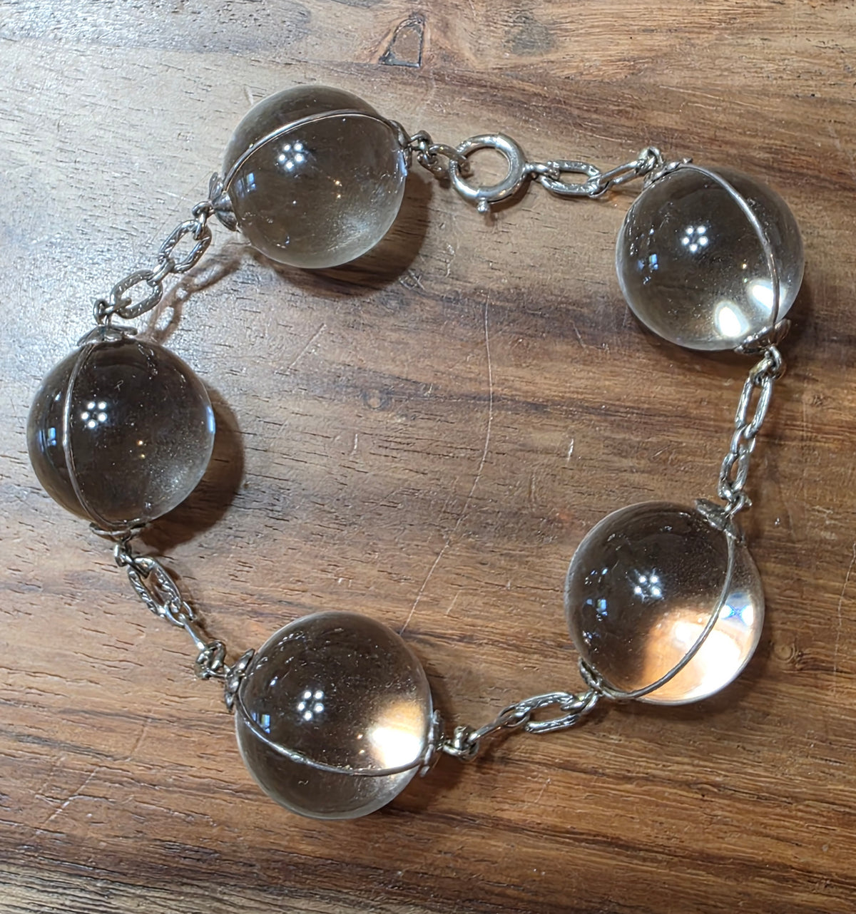 Art Deco Sterling & G.F. Rock Crystal Orb "Pools Of Light" Bracelet, 8"