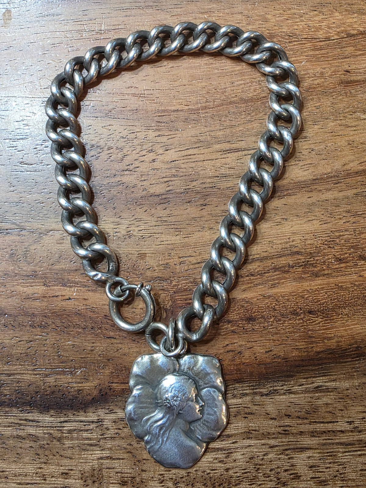Antique Art Nouveau 800 Silver Gibson Girl Charm Bracelet, Curb Chain