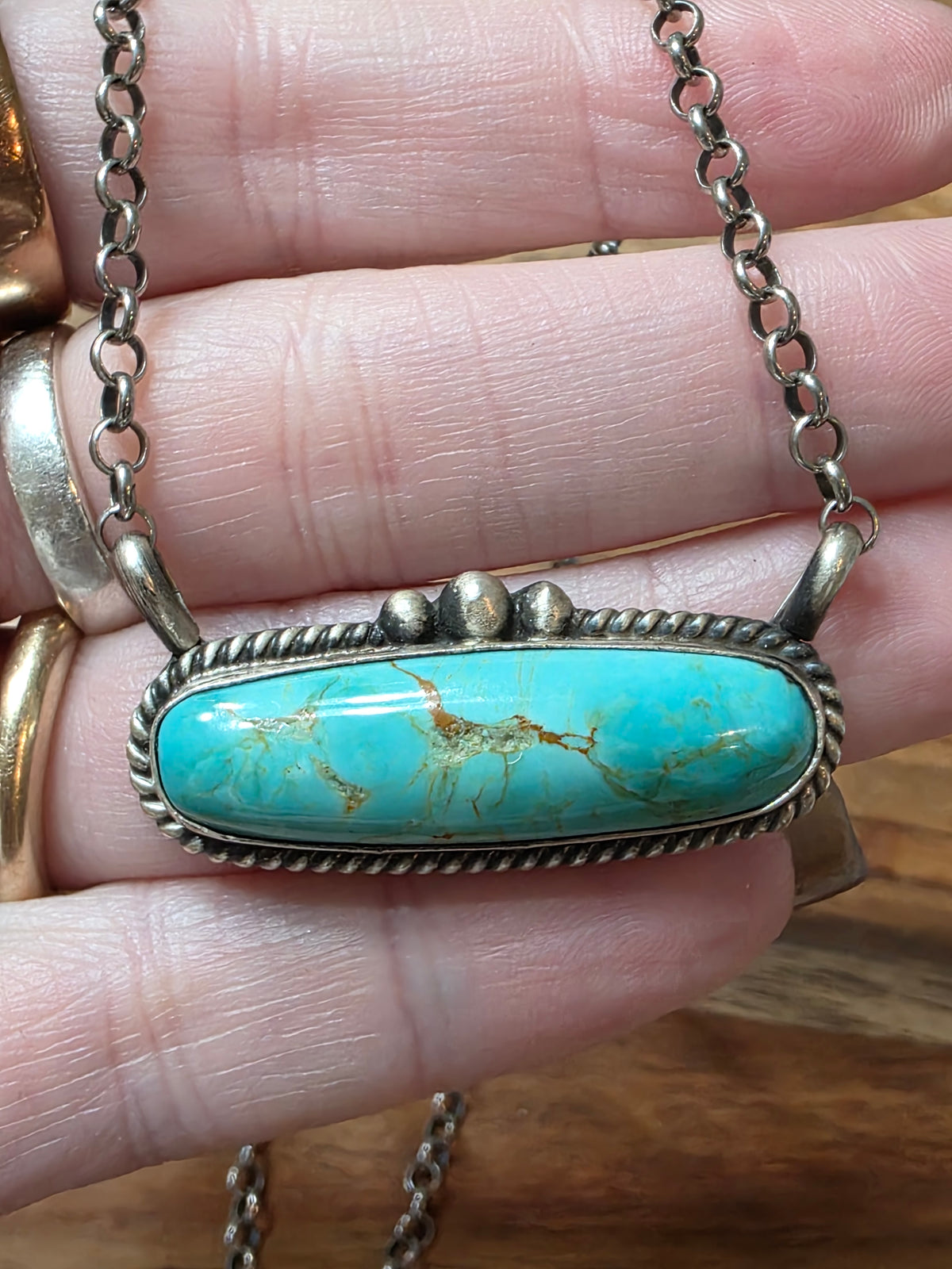 Navajo Elouise Kee Sterling Silver Kingman Turquoise Bar Necklace