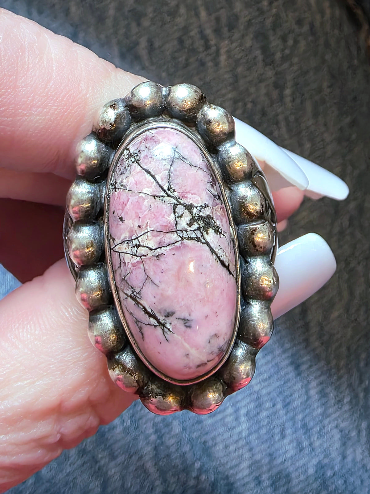 Navajo Paul Livingston Sterling Silver Rhodonite Ring, Size 8.25