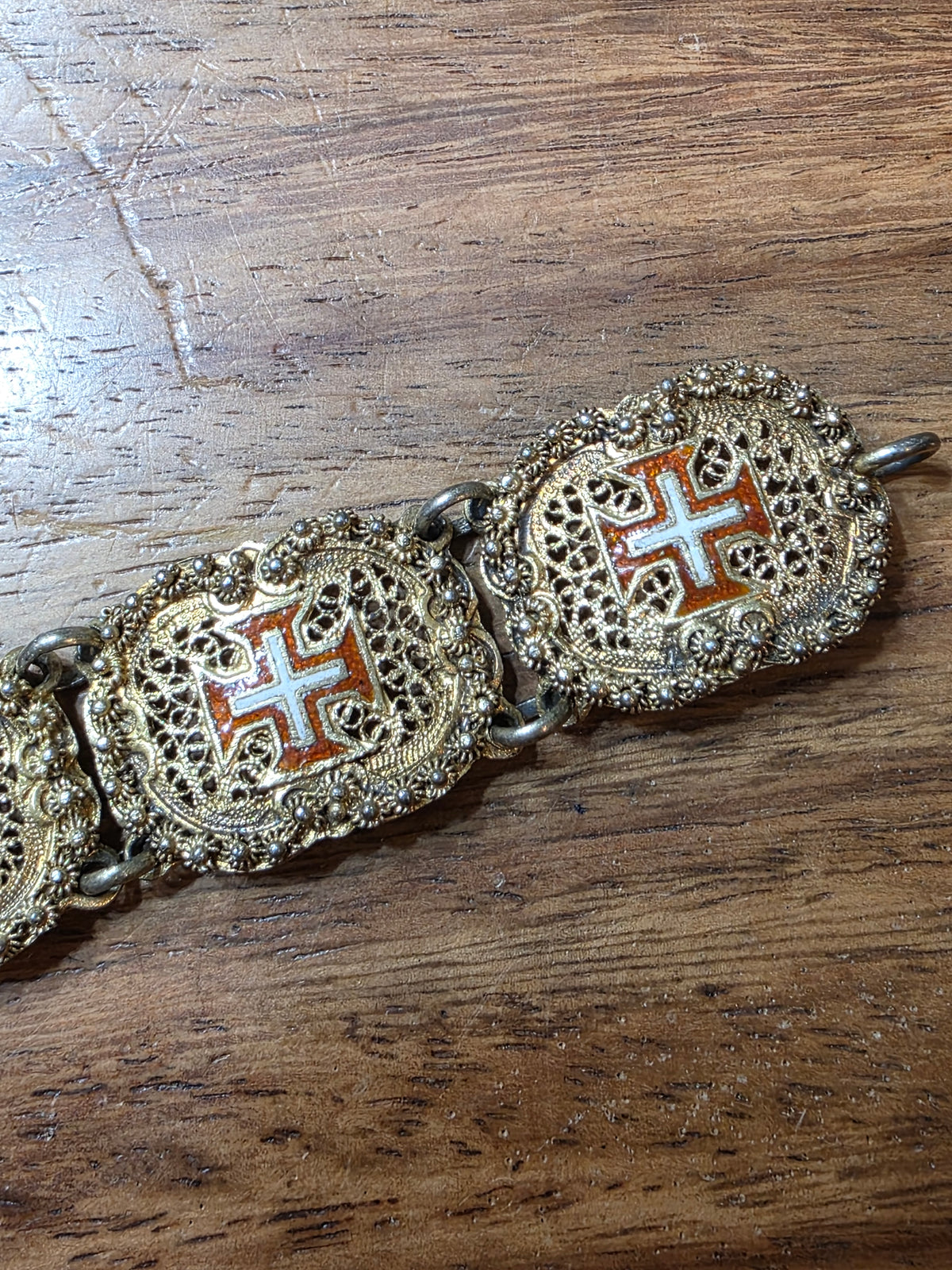 Antique Portuguese .833 Silver Vermeil Filigree Bracelet Order of Christ Enamel