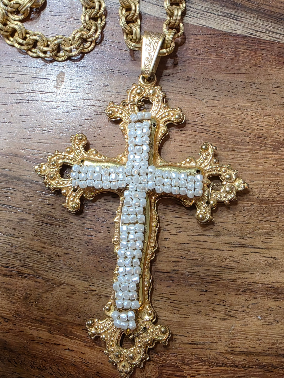 Vintage Miriam Haskell Baroque Cross Pendant Necklace Russian Gold Faux Pearls