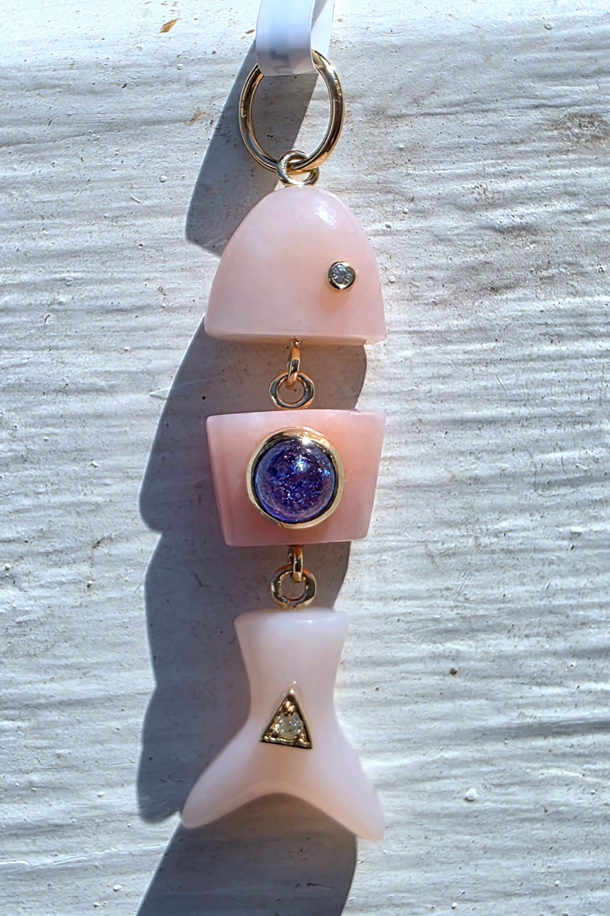 Pink Opal, Sapphire and Diamond Articulated Fish Pendant