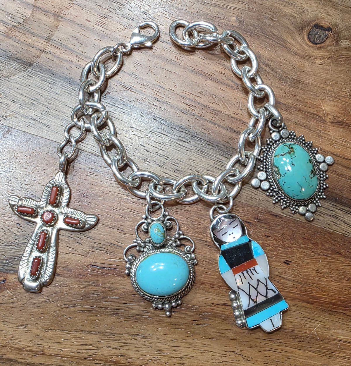Southwest Turquoise Charm Bracelet With Zuni Designer Charms