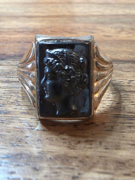 Vintage Gold Filled Molded Brown Glass 3-D Intaglio Ring, Size 11